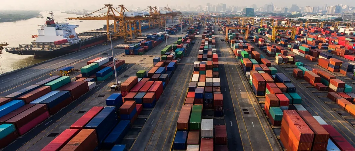 Aerial view of shipping containers stacked in rows at a busy international port terminal with cargo cranes and vessels, illustrating global supply chain complexities and import dependencies that domestic folding carton manufacturing helps businesses avoid