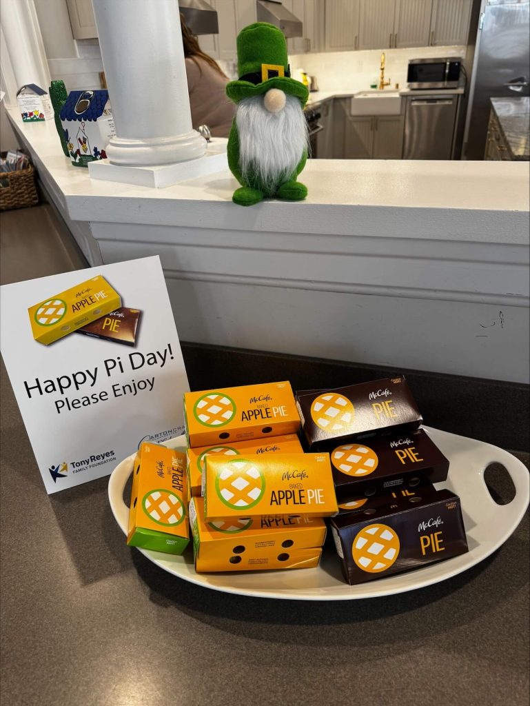 Happy Pi Day sign with McDonald's apple pies at Ronald McDonald House Chicagoland