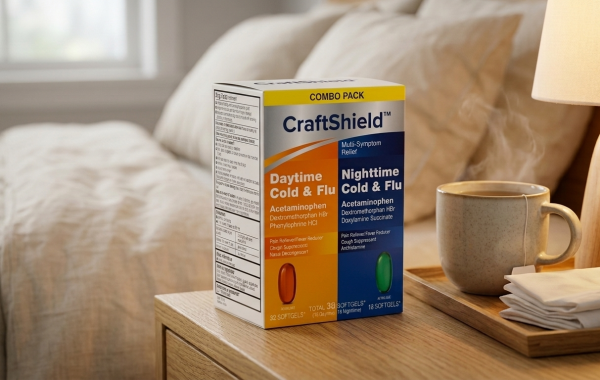 A pharmaceutical combo pack folding carton for CraftShield™ Multi-Symptom Relief sits on a wooden bedside table next to a steaming mug of tea. The carton features a split daytime and nighttime cold and flu design — the daytime side in orange and the nighttime side in navy blue — listing active ingredients including acetaminophen, dextromethorphan HBr, phenylephrine HCl, and doxylamine succinate. The carton contains a total of 36 softgels. A cozy bedroom with neutral linens is softly lit in the background.