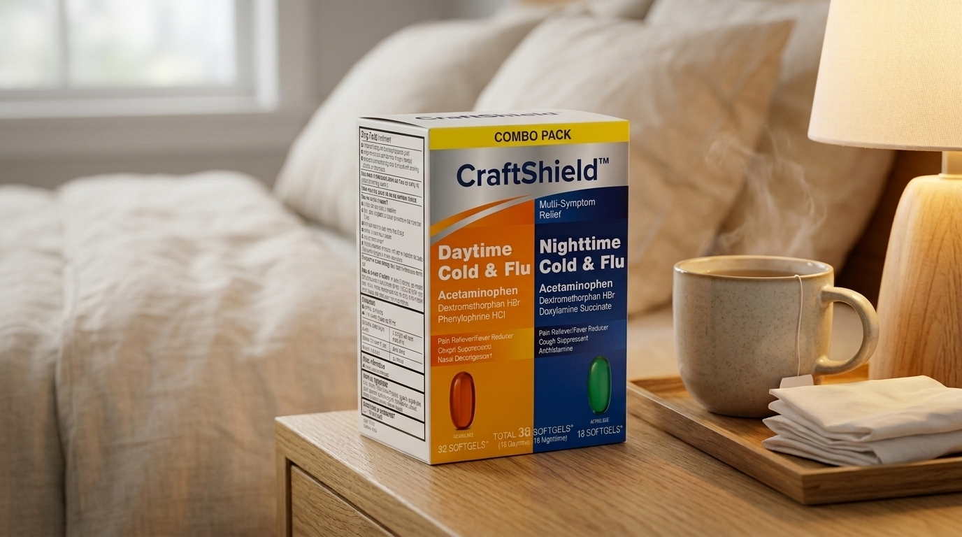 A pharmaceutical combo pack folding carton for CraftShield™ Multi-Symptom Relief sits on a wooden bedside table next to a steaming mug of tea. The carton features a split daytime and nighttime cold and flu design — the daytime side in orange and the nighttime side in navy blue — listing active ingredients including acetaminophen, dextromethorphan HBr, phenylephrine HCl, and doxylamine succinate. The carton contains a total of 36 softgels. A cozy bedroom with neutral linens is softly lit in the background.